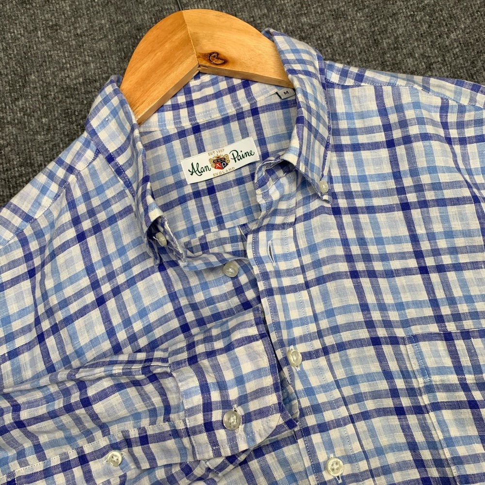 Alan Paine Linen Shirt Men Medium Blue Plaid Made in Portugal Luxury Coastal